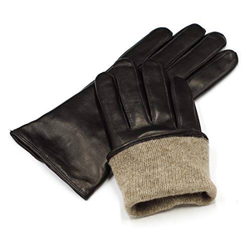 Harssidanzar Womens Luxury Italian Nappa Leather Gloves Vintage Finished Cashmere Lined Touchscreen, Black, L