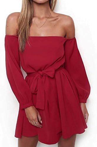 kaifongfu Short Dress,Women Off Shoulder Long Sleeve Elastic Stretchy Bodycon Mini Dress