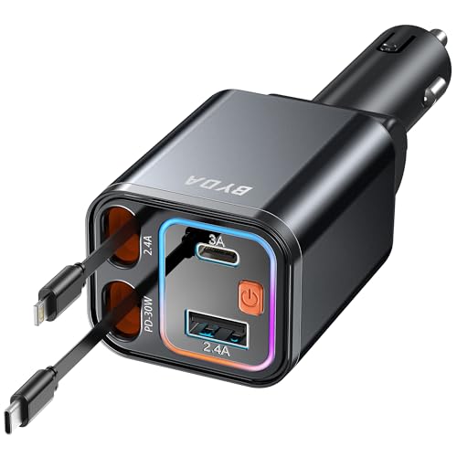 4 in 1 Retractable Car Charger,69W USB-C Fast Car Charger,for iPhone16/15/14/13/12,Cigarette Lighter Charger (Grey, for Apple+Type C &RGB Breathing Light [Black])