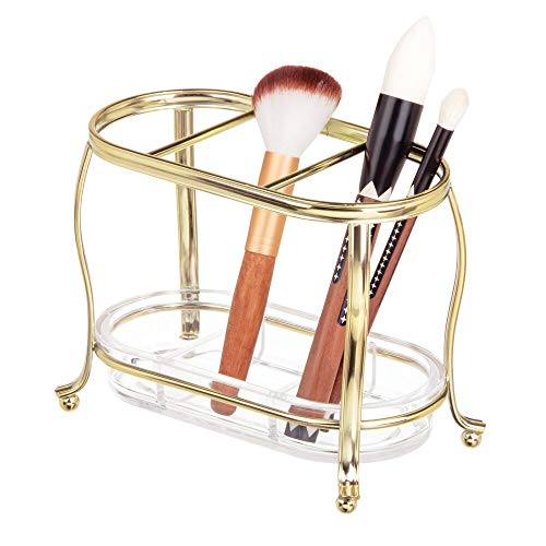 mDesign Decorative Makeup Brush Storage Organizer Tray Stand for Bathroom Vanity Counter Tops, Dressing Tables, Cosmetic Stations - 3 Sections with Removable Bottom Tray - Soft Brass/Clear