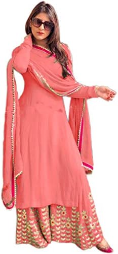Ethnic Empire Women's Georgette Embroidered Semi-Stitched Kurta Palazzo and Dupatta Set