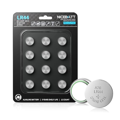 NICEBATT A76 357/303 LR44 Batteries 12 Pack, AG13 L1154F 357 303 SR44 76A Premium Alkaline 1.5V Button Coin Cell Battery