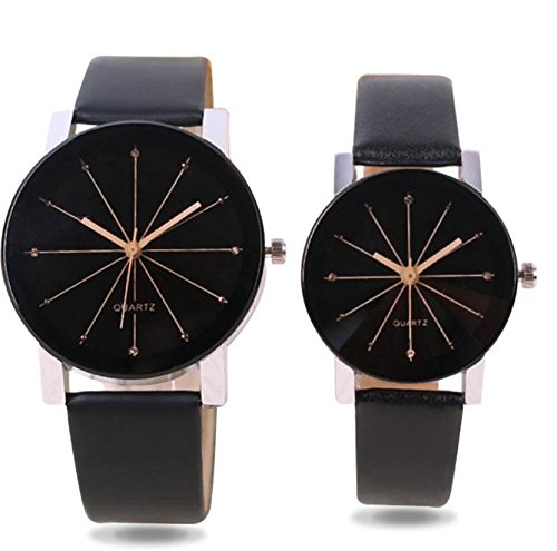 Analogue Black Dial Leather Crystal Glass Couple Watch