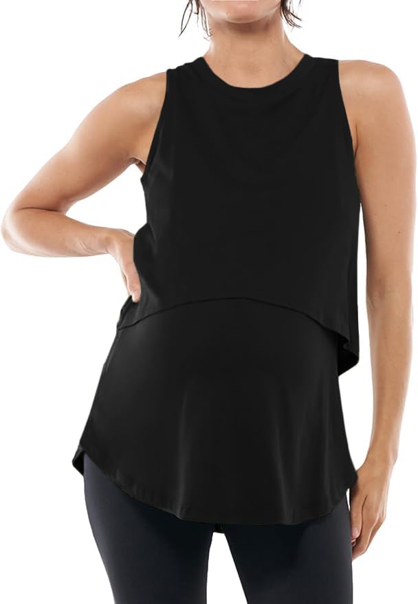 Photo 1 of ZDC Women's Maternity Nursing Tank Tops Sleeveless Double Layer Breastfeeding Shirts Summer Pregnancy Clothes Black