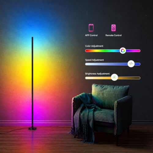 Aourow RGB Floor Lamp 120 cm, Dimmable Corner Lamp with Smart App and Remote Control | 16 million colours, music synchronisation, 100+ DIY mode and timing function for bedroom, gaming