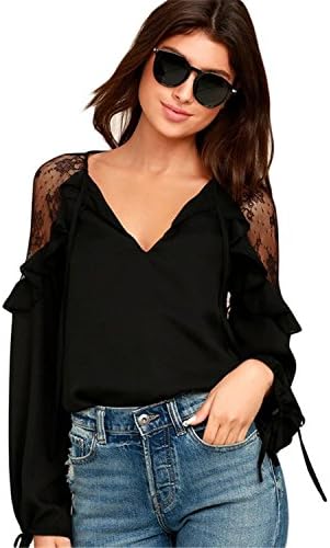 xiaohuihuihui Womens Tops and Blouses Plus Size Clothing Long Sleeve Ruffle Shoulder Chiffon Lace Blouse Black L