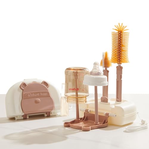 FUSACONY 7in1 Baby Bottle Brush Set with Silicone Bottle Brush, Nipple Brush, Straw Cleaner Brush、Soap Dispenser, Bottle Drying Rack, Storage Box, Drainage Tray for Home and Trave (Coffee Bear)