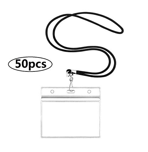 50Pcs Clear Plastic Horizontal Name Tags Badge ID Card Holders and 50Pcs Black Lanyards with Swivel Hook