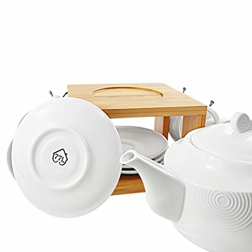 Tea Service Set, [3.4 OZ SMALL Cup], 77L Ceramic Tea Pot (22 OZ, 2.7 Cup), 4-Piece Tea Cups (3.4 OZ) and Saucers with Bamboo Display Stand - Modern Teapot, Tea Cups and Saucers Set for Home and Office - Thumbnail 5