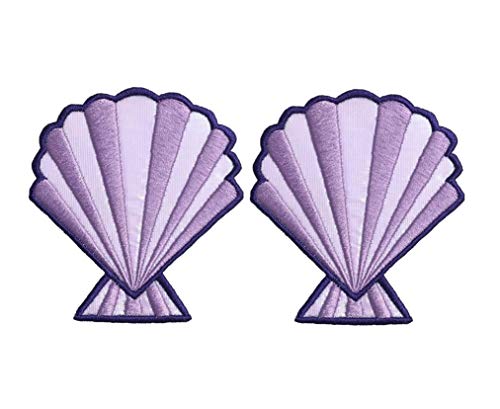(Set of 2) Seashell - 4 Inch - Purple/Lavender - Shimmery - Beach/Mermaid/Costume - Embroidered Iron on Patch