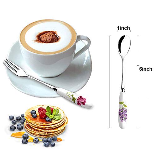 Dessert Flatware Set,Elegant Life 12-Piece Ceramic Handle Stainless Steel Dessert Fruit Cake Fork Spoon Set, 6Inches