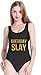 PINJIA Cute One Piece Swimsuit with High Cut and Low Back for Women Bathing Suits(L, Black Birthday Slay)