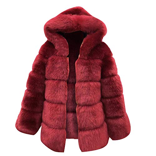 HOSOME Women Faux Fur Jacket Warm Thick Jacket Winter Hooded New Coat Wine