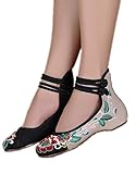 AvaCostume Womens Folk Style Shoes Rubber Sole Peony Embroidered Bride Flats, Black, 38