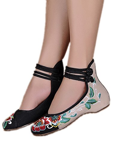 AvaCostume Womens Folk Style Shoes Rubber Sole Peony Embroidered Bride Flats, Black, 40