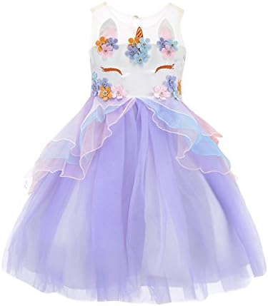 Flower Girl Rainbow Unicorn Tulle Dresses with 3D Embroidery Beading Birthday Party Ball Gowns (Purple, 120(5-6Y))
