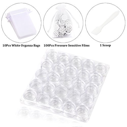 SumDirect 100Pcs 5Gram Empty Clear Plastic Cosmetic Containers Sample Packing Portable Travel Bottle Pot Jars for Cream and Lotion with a Snoop and 10Pcs White Sheer Organza Bags(Clear)
