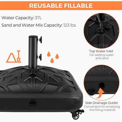 Yaheetech Fillable Mobile Umbrella Base, Heavy Duty Patio Umbrella Pole Holder for Outdoor 4 Wheels, 4 Locks 2 Knobs 123lb Capacity for Deck, Poolside, Garden, Black-Checkered