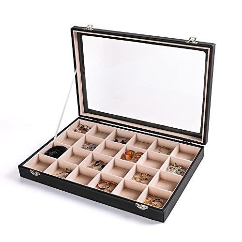 Frebeauty Jewelry Organizer Tray with Clear Lid,24 Grid Large PU Drawer Insert,Jewelry Storage Box Jewelry Display Case Jewelry Store Showcase with Lock Clasp for Women Girls (24 grid,Black)