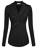 Ninedaily Women Tops Lapel V Neck Button Long Sleeve Office Blouse Black XL