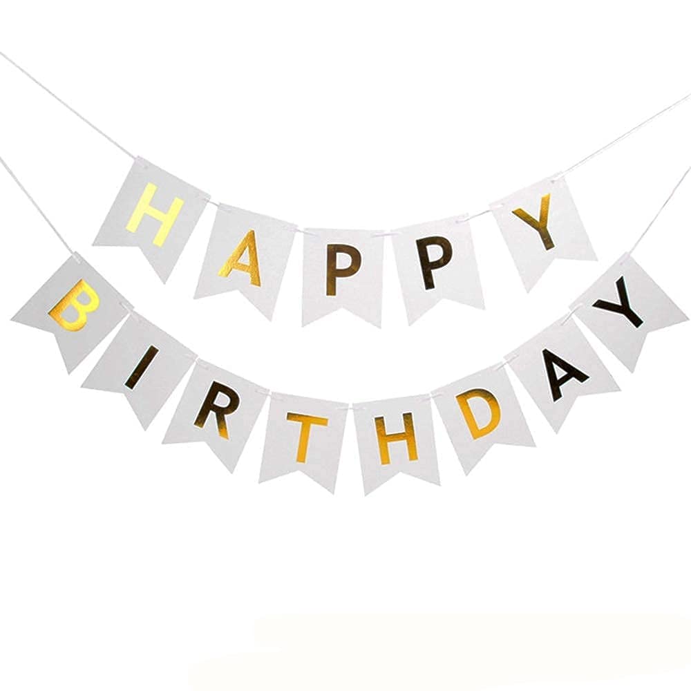 Happy Birthday Banner,White and Gold Birthday Bunting Banner Set for Girls Boys 1st 18th 21st 30th Any Ages Birthday Party Decorations