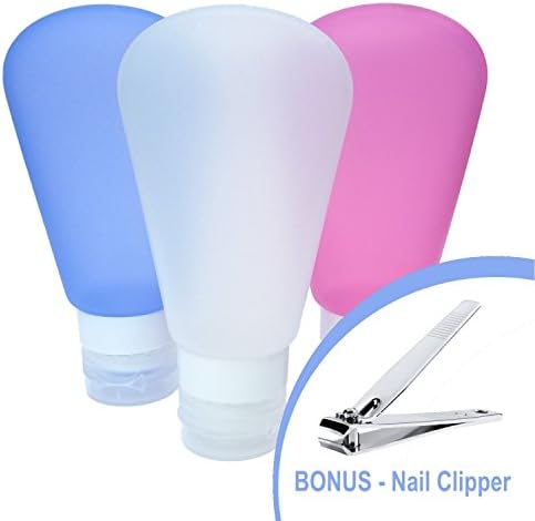Silicone Travel Bottle Set from Bye JoJo, Safe Leak Proof (3oz Each Pack of 3 White Pink Blue) Soft Squeezable Controllable & Refillable Containers INCL BONUS Finger & Toe Nail Clipper Cutter