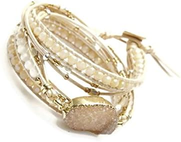 Nakamol Irredescent Crystal Goldtone Beaded Light Tan Leather 5 Wrap Bracelet