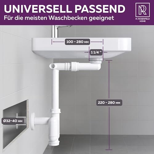 M. ROSENFELD HOME Flexible Siphon Washbasin G 1 1/4 Inch x 32-50 mm Extendible 320-900 mm with High-Quality Aluminium Nut - 100% Waterproof, Odour Protection, Easy Assembly, Universal Fit