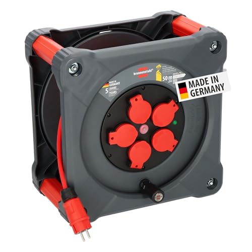 Brennenstuhl Professional KA 5110 5 IP44 Construction Site Cable Reel (50 m BQ Cable in Red, 5 Safety Sockets, Construction Site Use and Permanent Outdoor Use, Made in Germany)