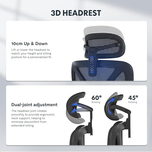 FLEXISPOT ErgoX Ergonomic Office Chair with Footrest for Home Office, Desk Chair with 3D Armrests, 3D Headrest, 5D Adjustable Backrest, Breathable Seat, Maximum Load 136 kg,Mesh Office Chair,Black