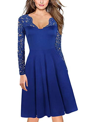 Floral Dresses for Women's Vintage 1940 50s 60s Lace Long Sleeve Stretch Casual Party Swing A-Line Dress 189 (XL, Blue)