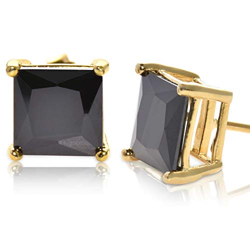 KEZEFBlack CZ Stud Earrings for Men or Women, 14K White Gold, Yellow Gold, or Black Rhodium Plated Sterling Silver Studs, Princess Square Cut, 3-9mm, Hypoallergenic