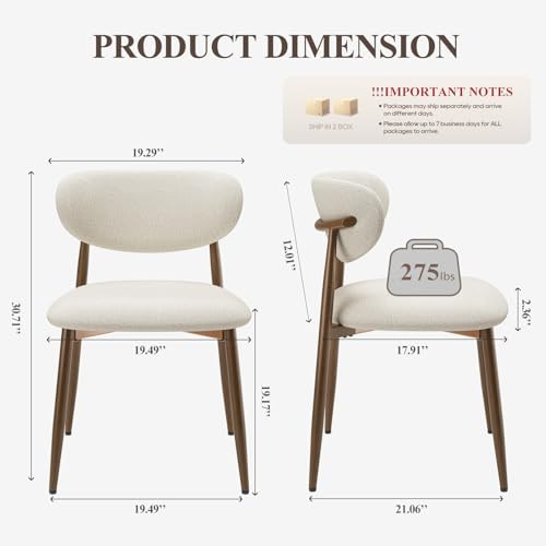 MALOL DINING CHAIRS SET OF 2, UPHOLSTERED DINING ROOM CHAIRS WITH METAL LEGS AND ANTI SLIP PADS, CURVED BACK KITCHEN CHAIR FOR HOME AND RESTAURANT USE, BEIGE