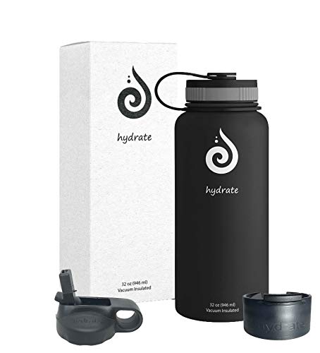 hydrate Stainless Steel Insulated Water Bottle 18oz 32oz 40oz Comes with Additional lids-Straw and flip lid -Cold for up to 24 Hours & Hot for 12 Hours