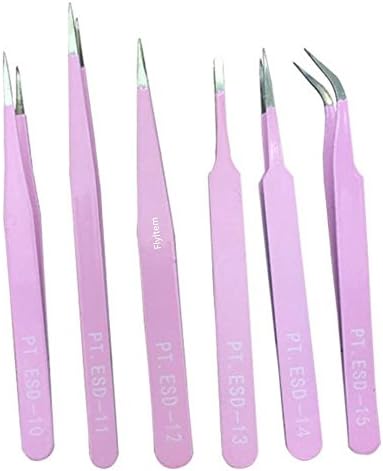 FlyItem 6pcs Professional High-Density Stainless Steel Anti-static Eyebrow Eyelash Extension Tweezers Nippers Pointed Clip Set Makeup Cosmetic Tools (Pink)