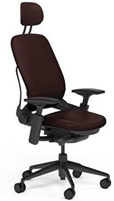Steelcase Leap Desk Chair with Headrest Mahogany Leather Seat and Back - 4-Way Highly Adjustable Arms - Black Frame and Base - Soft Dual Wheel Hard Floor Casters