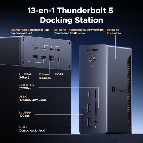 UGREEN Revodok MAX Thunderbolt 5 Docking Station 13 en 1 120Gbps Pantalla Múltiple Dock Thunderbolt 5 con 4*TBT5 Multi USB 3.2 RJ45 2.5GbE Lector de Tarjeta SD TF 4.0 Jack 3.5mm 140W Máx Carga