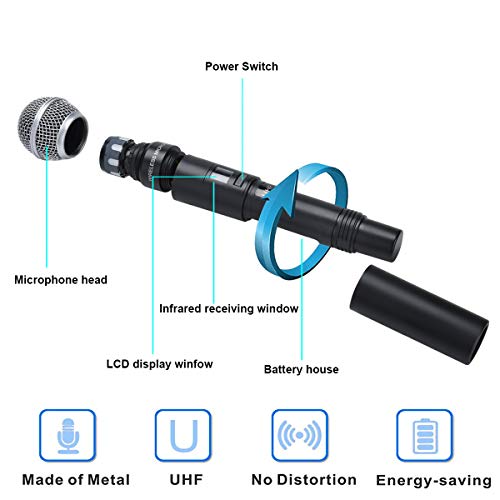 GEARDON Wireless Microphone System 4 Handheld Professional Fixed Frequency Channel Cordless Mics Set UHF Microphones With Rechargeable Receiver for Karaoke,Parties,Church,Speaker