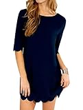 Women Scalloped Hem Round Neck Dark Blue Shirt Mini Dress