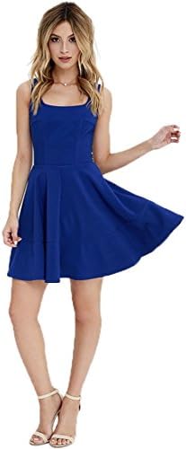 Shopall Women's Cute Summer Sleeveless Square Collar V-Back Royal Blue A-line Skater Dress X-Small