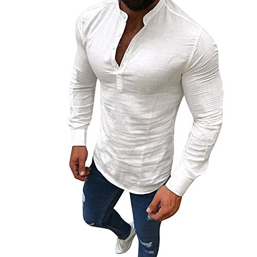 Simayixx Men Shirts Male Casual Linen Long Sleeve T-Shirt Fashion V-Neck Button Up Tops Business Fit Clothes Beige - Thumbnail 2