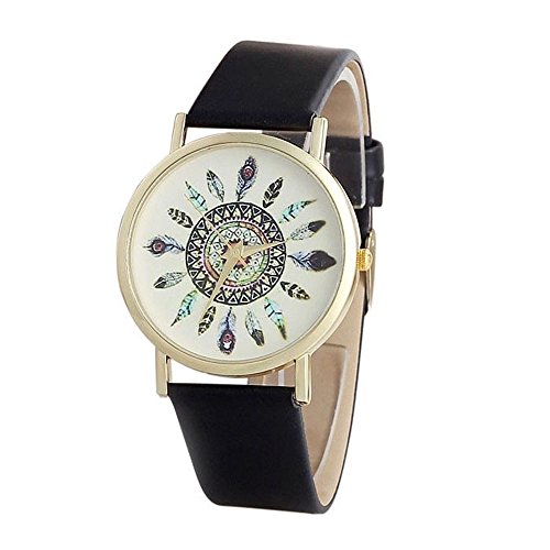 TOOPOOT(TM) Womens Vintage Feather Dial Leather Band Quartz Analog Unique Wrist Watches (Black)