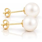 Shell Pearl Stud Earrings for Women | 14K Gold-Plated Sterling Silver | Round High-Luster Pearls | Hypoallergenic Jewelry | Gift for Women