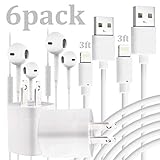 TYTAR 6Pack Bundle inc. 2pc 3FT Charging Sync Cable Certified Cord fits Phone + 2pc USB Wall AC Cube Charger Adapter Brick + 2pc Headphones Earbuds with Mic 3.5 Earphones Headset
