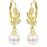 LOIPURI Pearl Dangle Earrings for Women - 14K Yellow Gold Plated Drop Earrings Leaf Cubic Zirconia Earrings 8mm White Pearl Statement Drop Earrings Gifts for Brides Mom