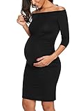 Kalayo Women's Off Shoulder Maternity Bardot Bodycon Dress 3/4 Sleeve Ruched Sides Casual Pregnancy Clothes