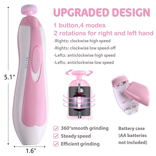 Baby Nail File Electric Nail Trimmer Manicure Set with Nail Clippers, Toes Fingernails Care Trim Polish Grooming Kit Safe for Infant Toddler Kids or Women, LED Light and 10 Grinding Heads, Pink/White