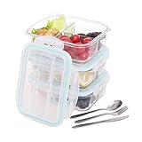 Glass Meal Prep Containers 3 Compartment – 3pc BPA Free Glass Lunch Box with 3 Set Reusable Cutlery Sits Neatly in the Lid Compartment, Food Storage Containers Microwave, Freezer, Oven Dishwasher Safe