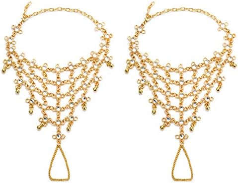 Ingemark 2 PCS Crystal Beach Wedding Foot Jewelry Barefoot Sandals Toe Ring Boho Anklet with Multi Tassel