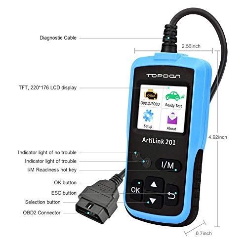 OBD2 Code Reader - Full OBDII Functions Scan Tool for I/M Emission Test, OBD2 Scanner Car Diagnostic Tool with On-board Monitoring and Turning off MIL(Check Engine Light) TOPDON AL201